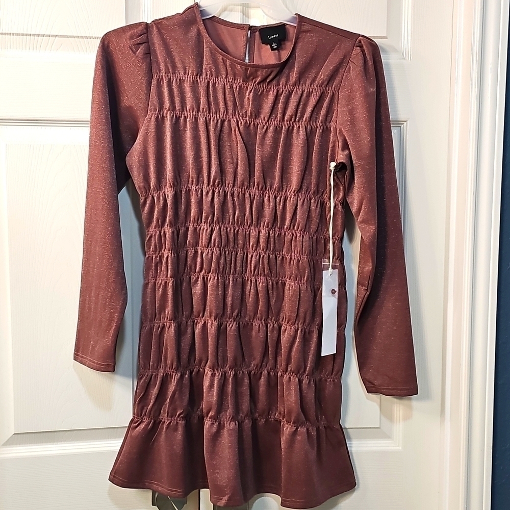 NWT Lumiere Metallic Long Sleeved Shirred Minidress Shimmery Sparkly Mauve Large - Picture 4 of 13